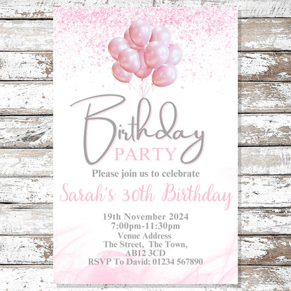 10 Personalised Pink Balloons Party Any Age Invitations With Envelopes