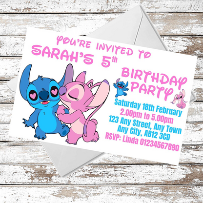 10 Personalised Stitch & Angel Theme Party Invitations With Envelopes
