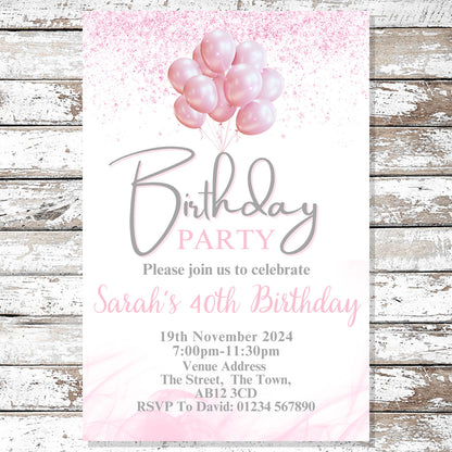 10 Personalised Pink Balloons Party Any Age Invitations With Envelopes