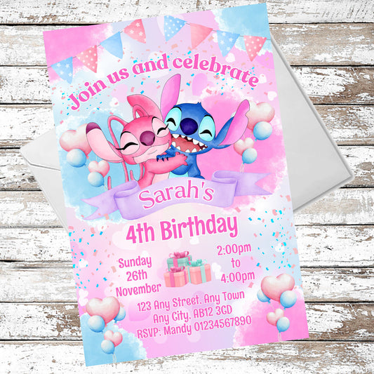 10 Personalised Stitch & Angel Party Invitations With Envelopes