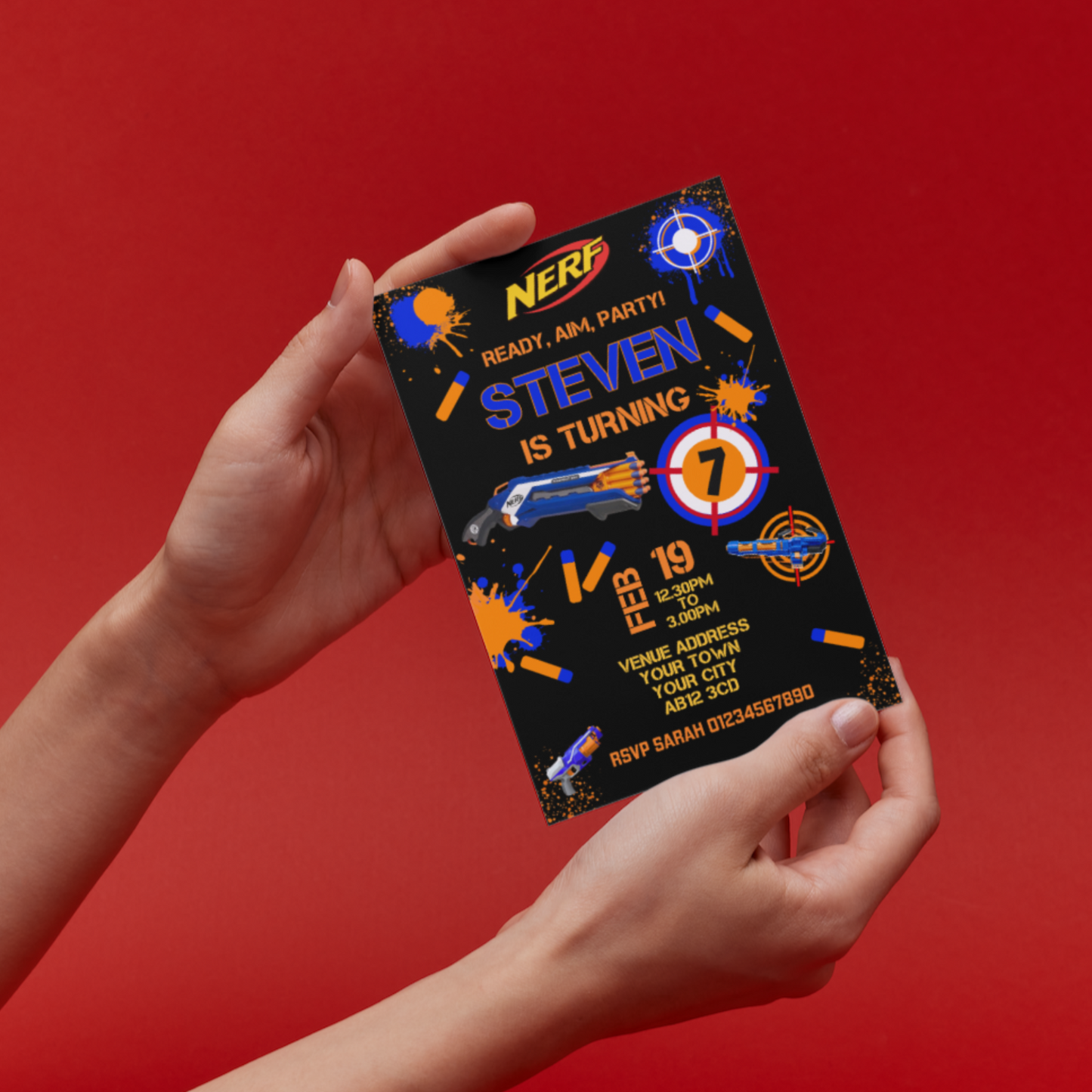 10 Personalised Nerf Party Invitations With Envelopes