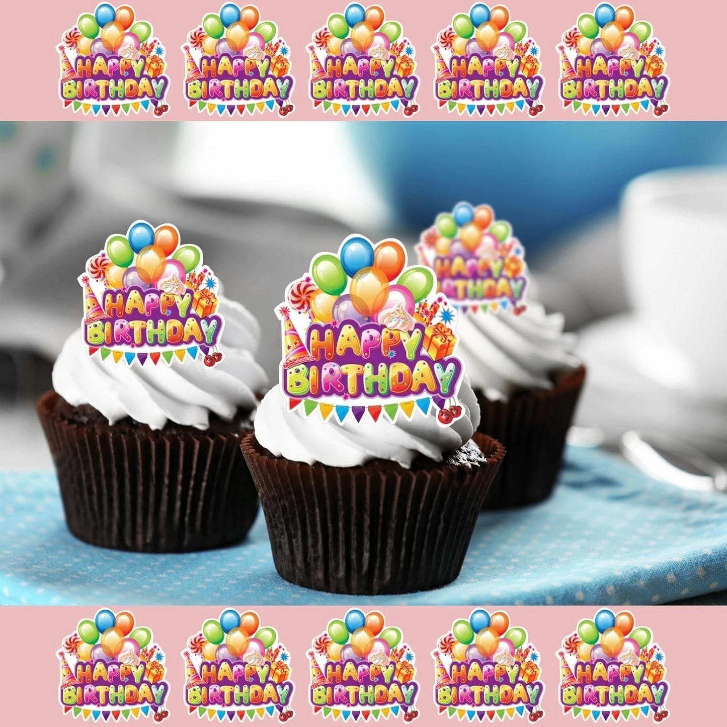 Happy Birthday Balloon Pre-Cut Edible Wafer Cupcake Toppers Pack Of 18