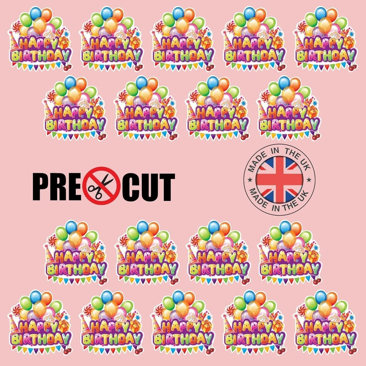 Happy Birthday Balloon Pre-Cut Edible Wafer Cupcake Toppers Pack Of 18