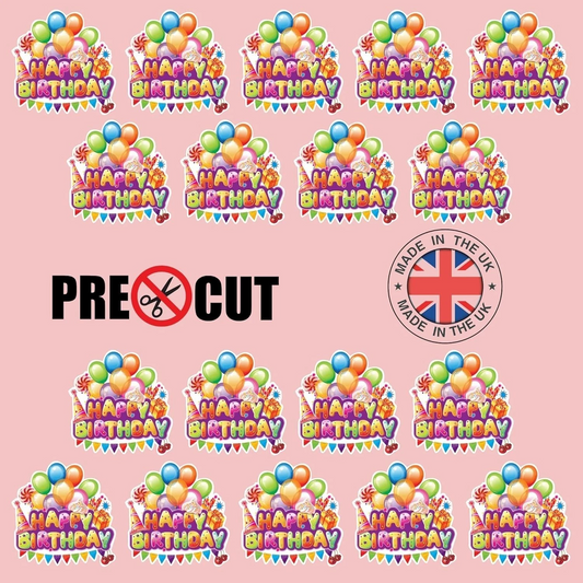 Happy Birthday Balloon Pre-Cut Edible Wafer Cupcake Toppers Pack Of 18