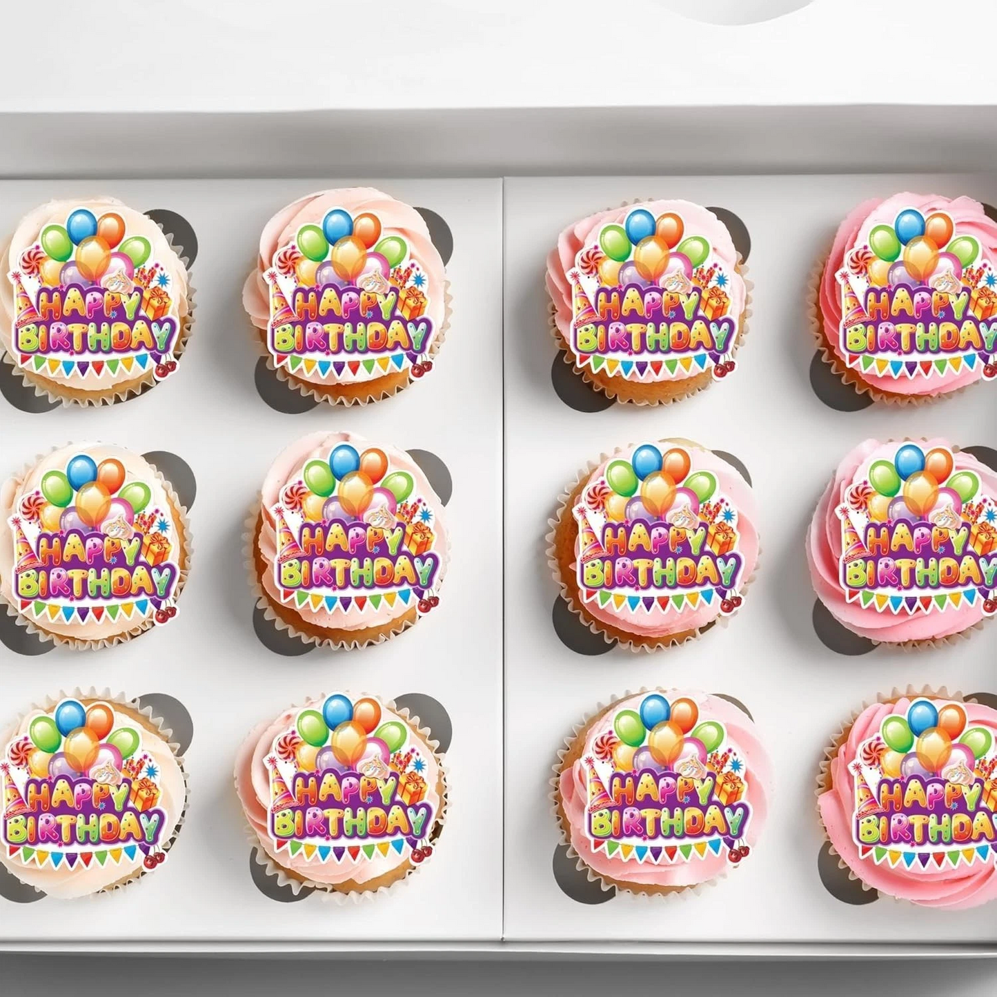 Happy Birthday Balloon Pre-Cut Edible Wafer Cupcake Toppers Pack Of 18