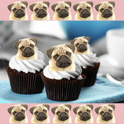 Pug Dog Face Pre-Cut Edible Wafer Cupcake Toppers Pack Of 18