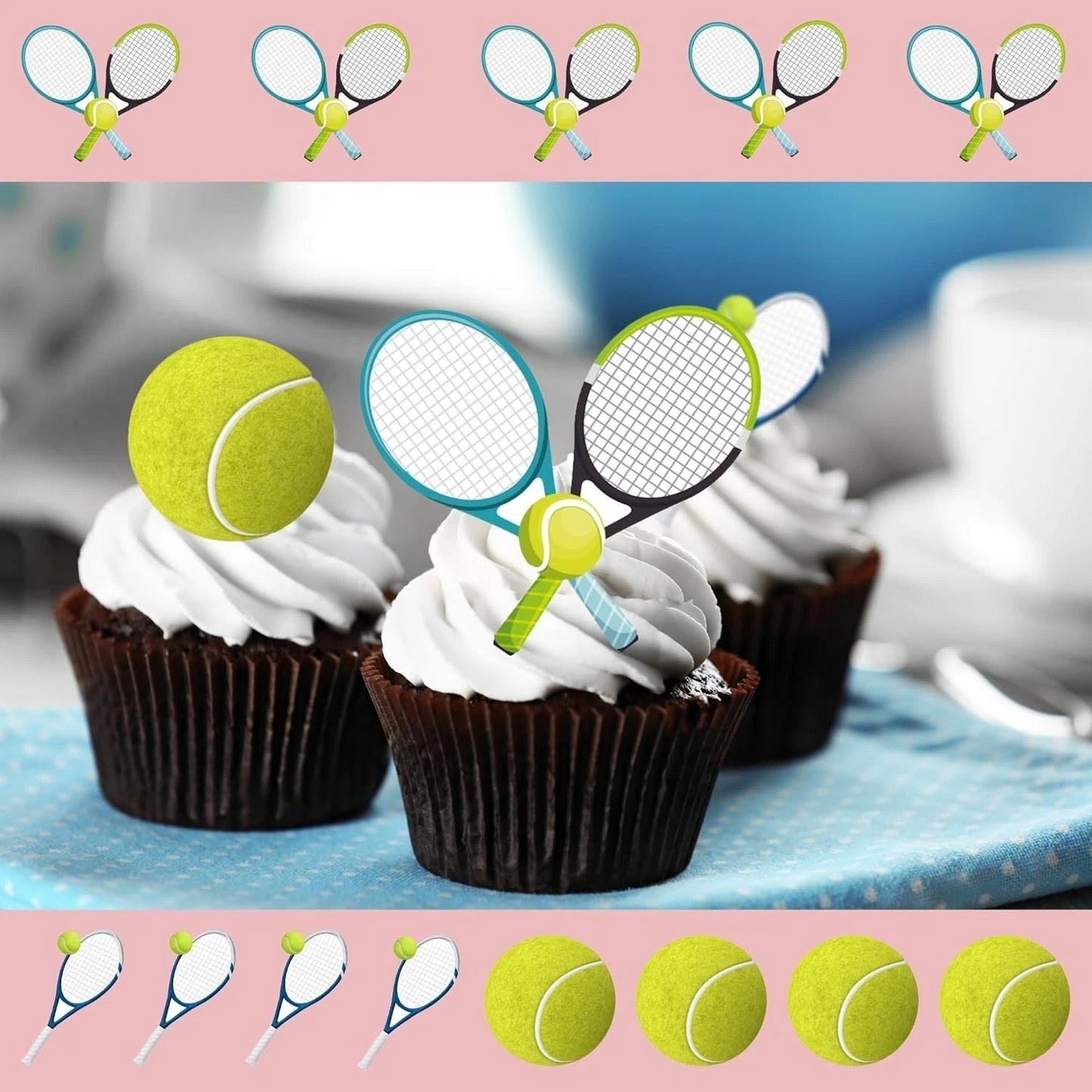 Tennis Racket & Ball Pre-Cut Edible Wafer Cupcake Toppers Pack Of 26