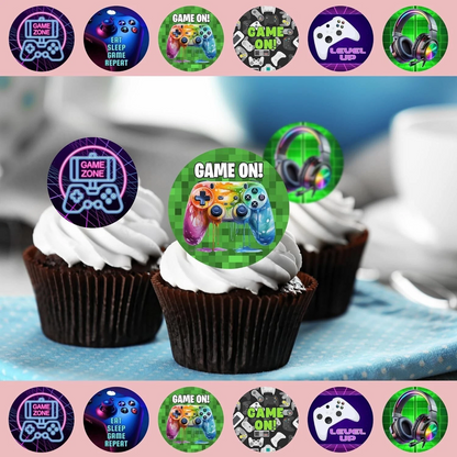 Game On Gamer Pre-Cut Edible Wafer Cupcake Toppers Pack Of 24