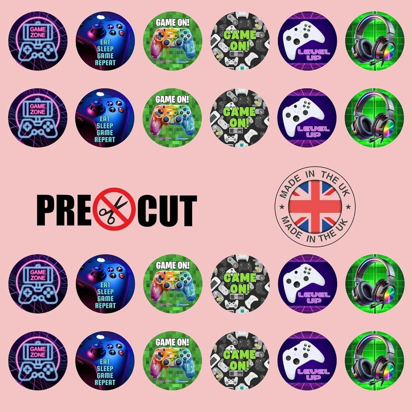 Game On Gamer Pre-Cut Edible Wafer Cupcake Toppers Pack Of 24