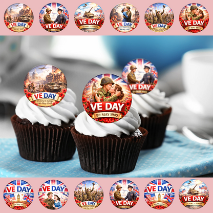VE Day Celebration Pre-Cut Edible Wafer Cupcake Toppers Pack Of 24