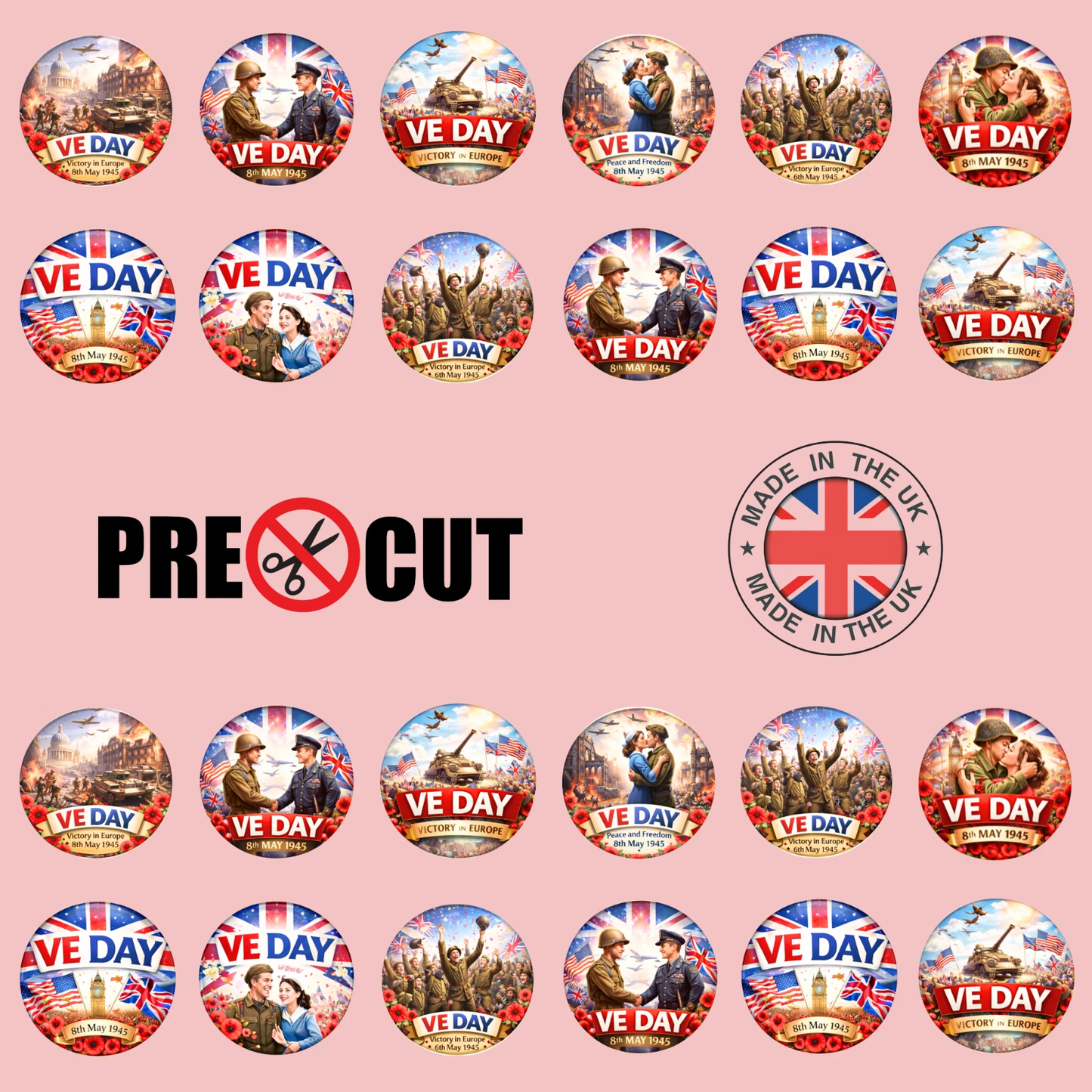 VE Day Celebration Pre-Cut Edible Wafer Cupcake Toppers Pack Of 24