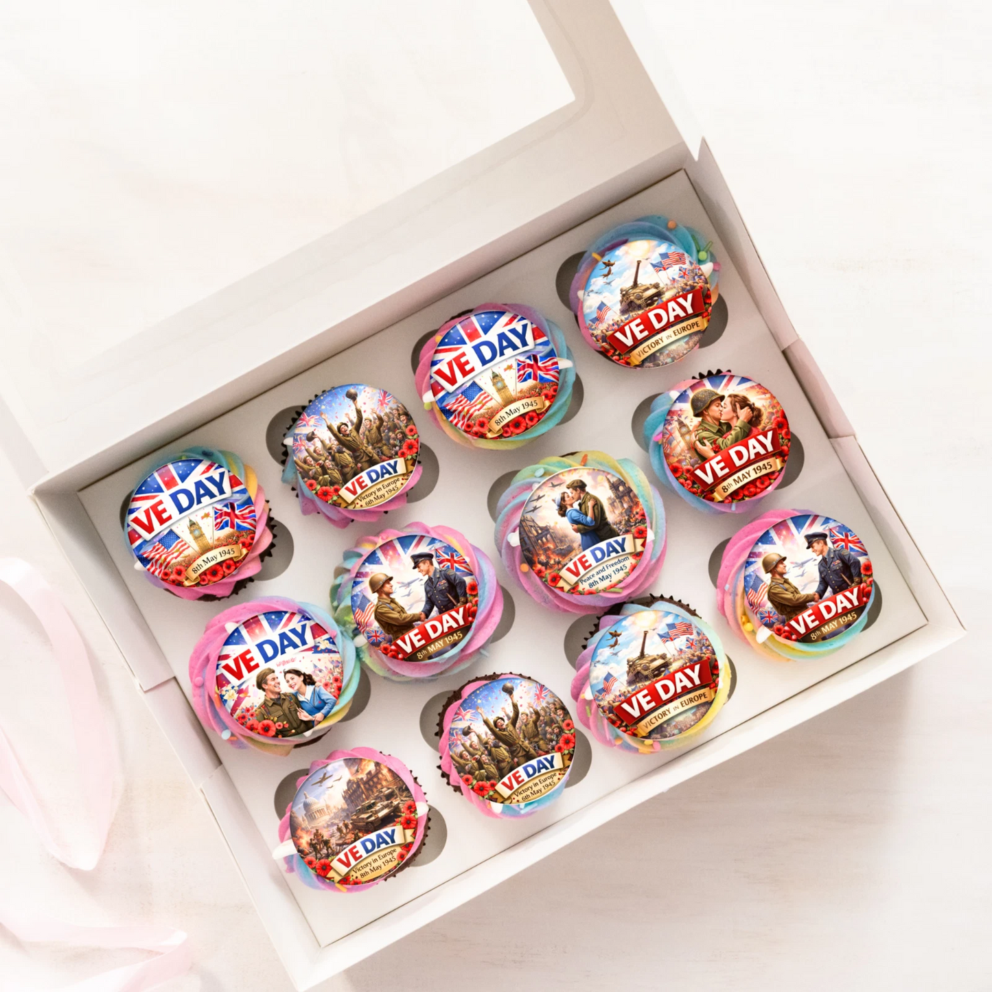 VE Day Celebration Pre-Cut Edible Wafer Cupcake Toppers Pack Of 24