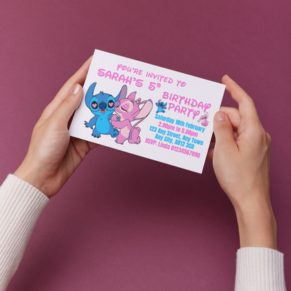 10 Personalised Stitch & Angel Theme Party Invitations With Envelopes