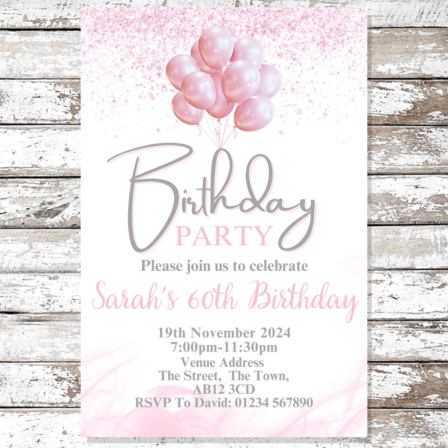 10 Personalised Pink Balloons Party Any Age Invitations With Envelopes