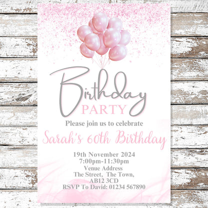10 Personalised Pink Balloons Party Any Age Invitations With Envelopes