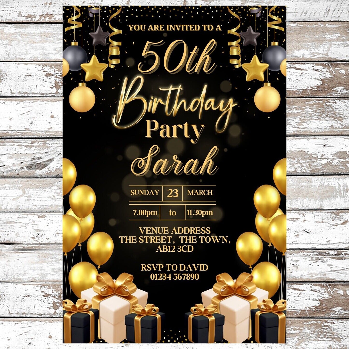 10 Personalised Black & Gold Party Any Age Invitations With Envelopes