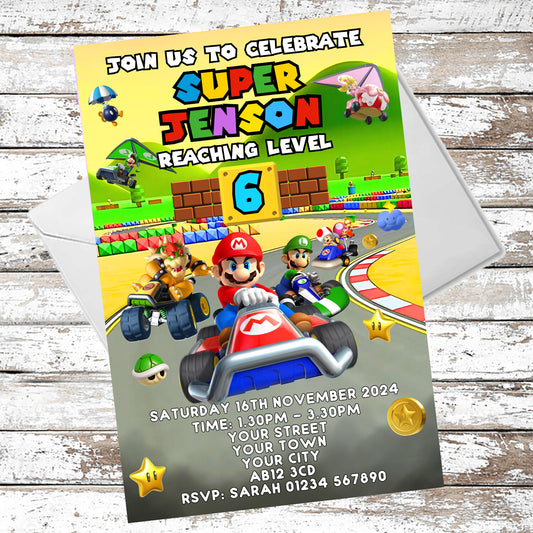 10 Personalised Super Mario Party Invitations With Envelopes