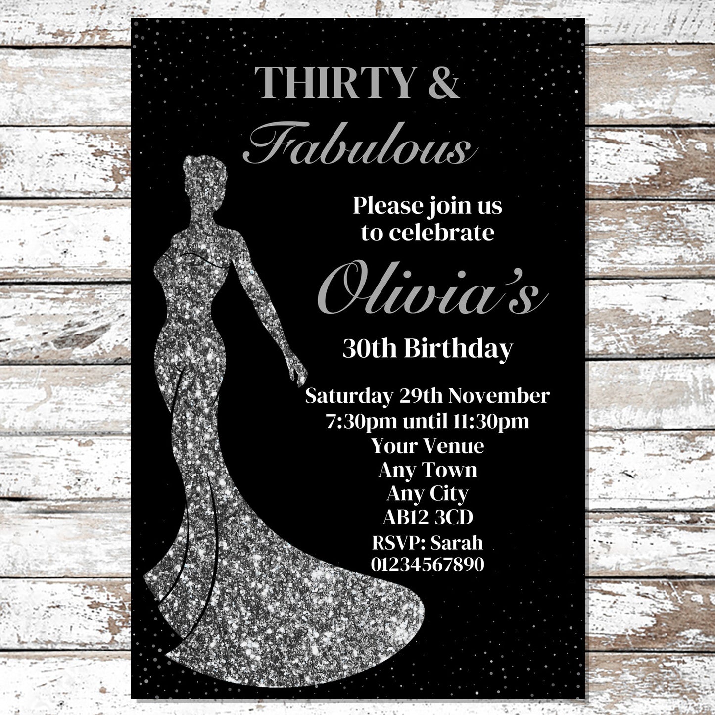 10 Personalised Silver Dress Any Age Party Invitations With Envelopes