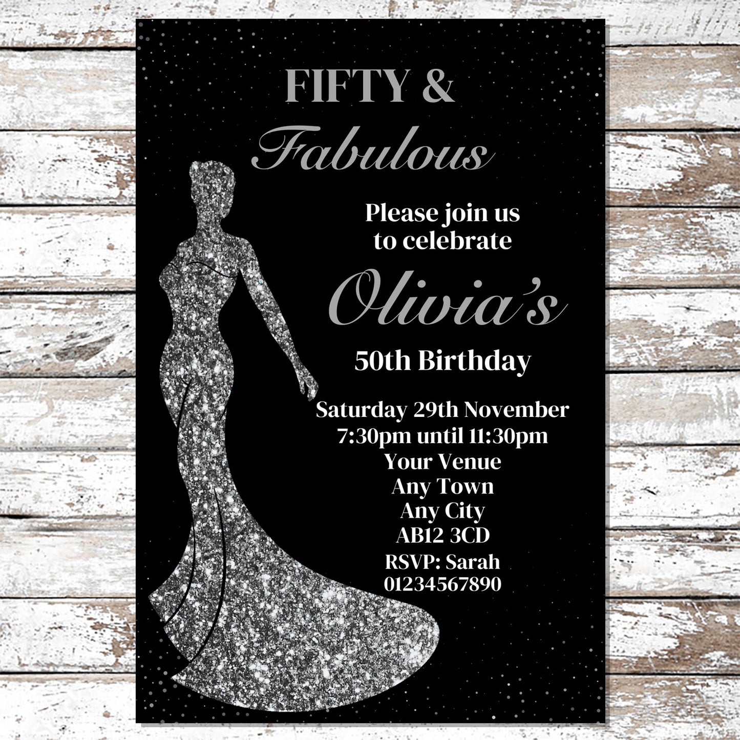 10 Personalised Silver Dress Any Age Party Invitations With Envelopes