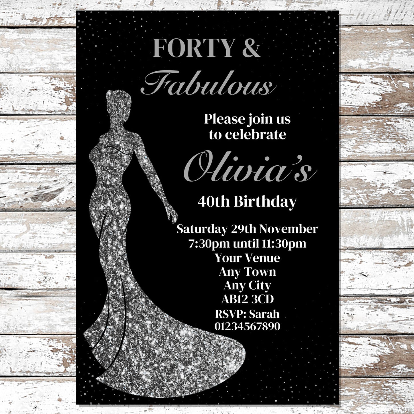 10 Personalised Silver Dress Any Age Party Invitations With Envelopes