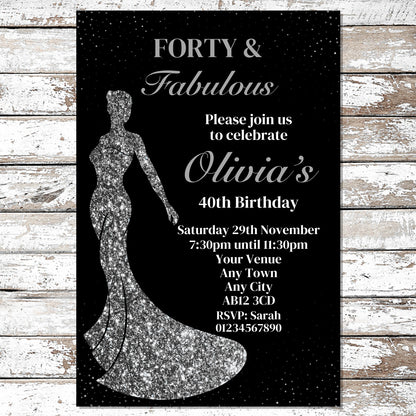 10 Personalised Silver Dress Any Age Party Invitations With Envelopes