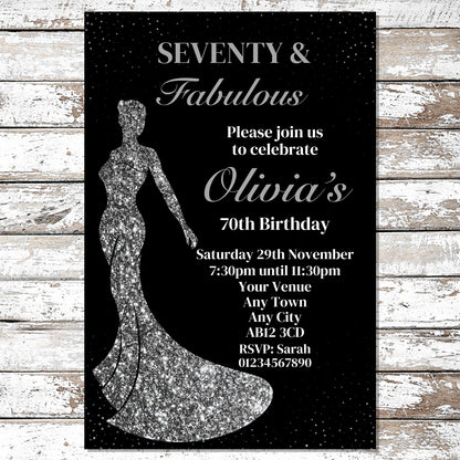 10 Personalised Silver Dress Any Age Party Invitations With Envelopes