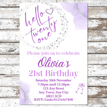 10 Personalised Purple Any Age Party Invitations With Envelopes