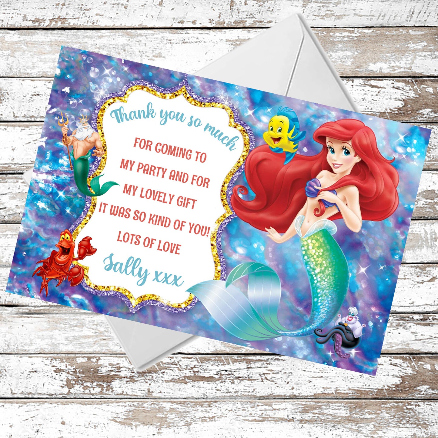 10 Personalised Princess Ariel Thank You Cards With Envelopes