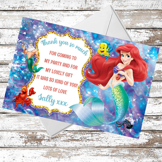 10 Personalised Princess Ariel Thank You Cards With Envelopes