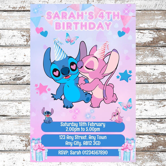 10 Personalised Angel & Stitch Party Invitations With Envelopes