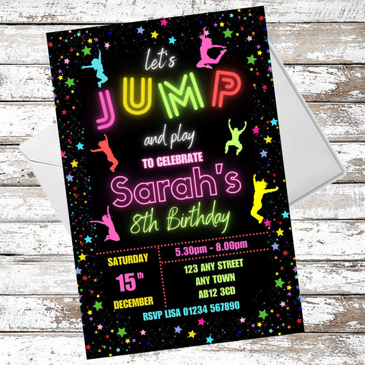 10 Personalised Neon Girls Jump Party Invitations With Envelopes