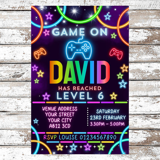 10 Personalised Neon Gaming Party Invitations With Envelopes