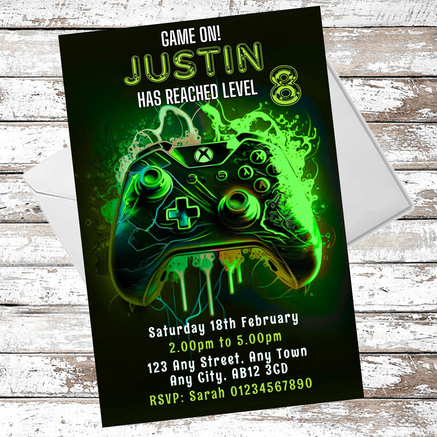 10 Personalised Neon Green Gaming Party Invitations With Envelopes