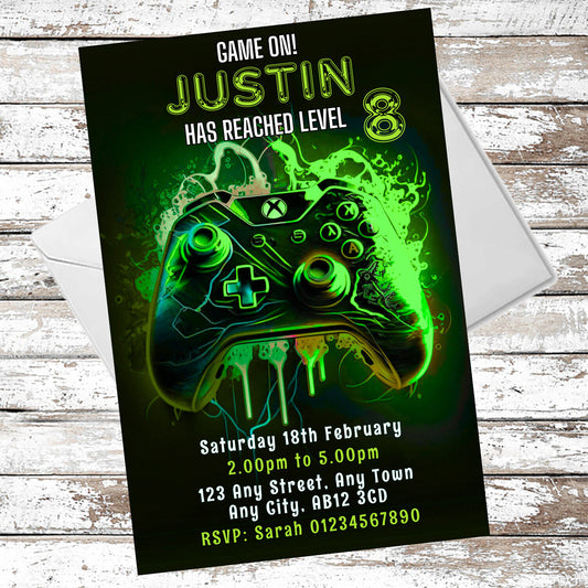 10 Personalised Neon Green Gaming Party Invitations With Envelopes