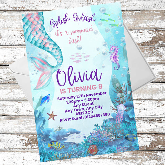 10 Personalised Light Blue Mermaid Party Invitations With Envelopes