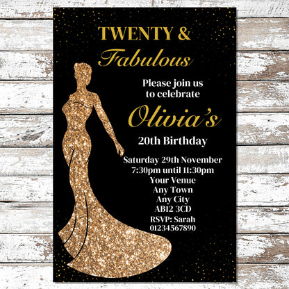 10 Personalised Gold Dress Any Age Party Invitations With Envelopes