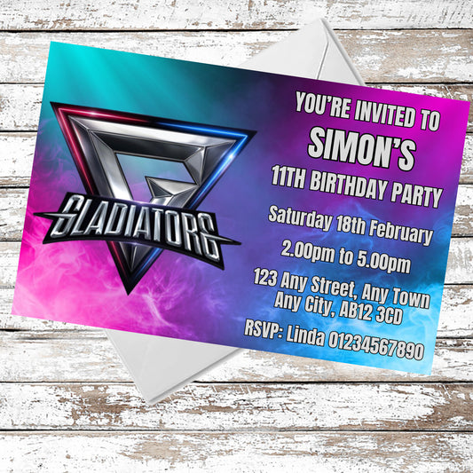 10 Personalised Gladiators Party Invitations With Envelopes