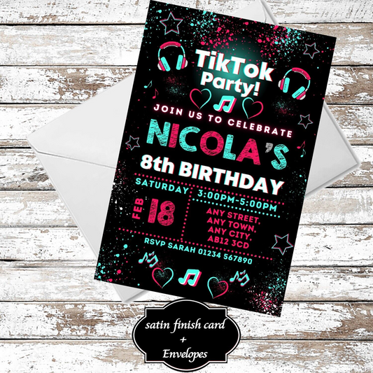 10 Personalised Tik Tok Party Invitations With Envelopes