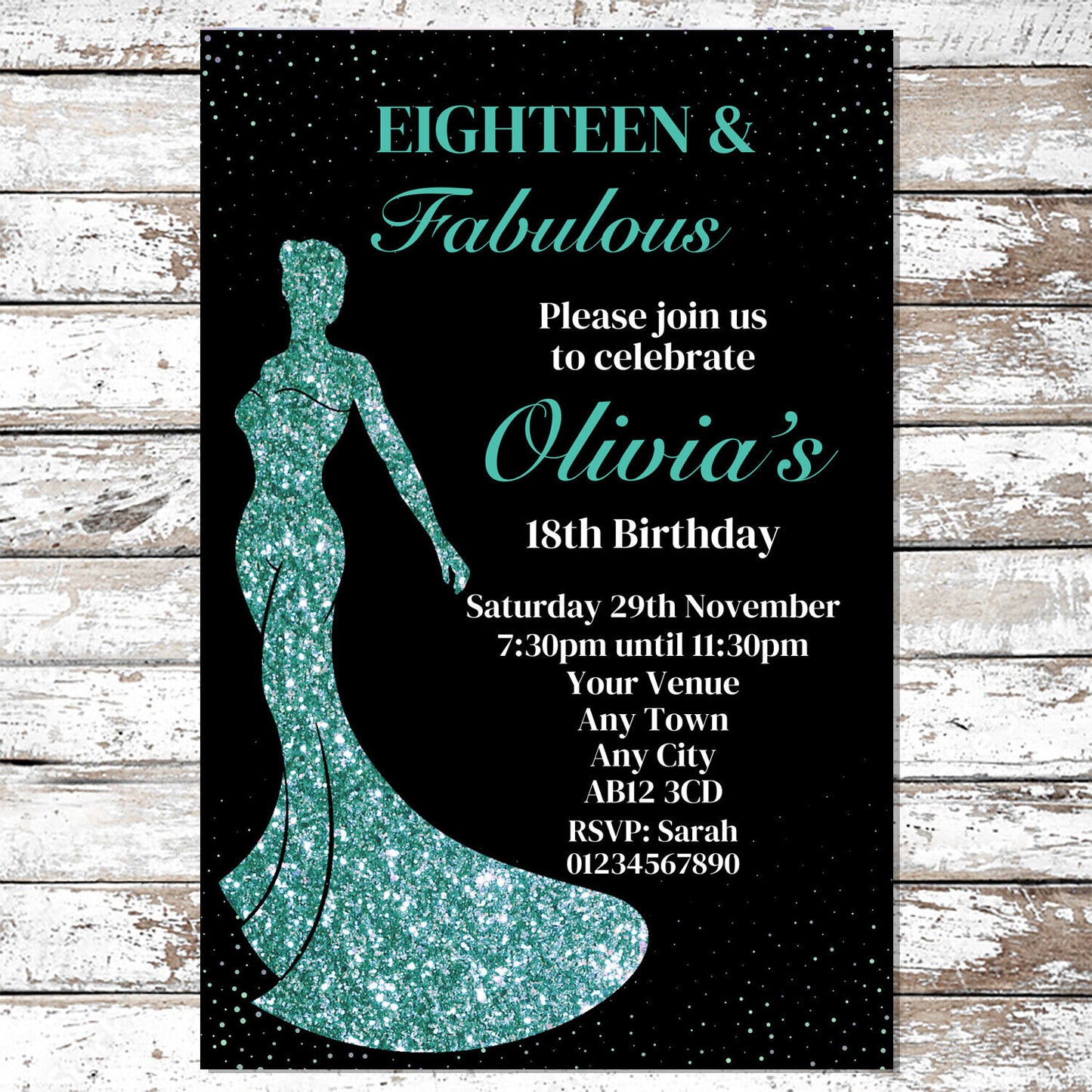 10 Personalised Teal Dress Any Age Party Invitations With Envelopes