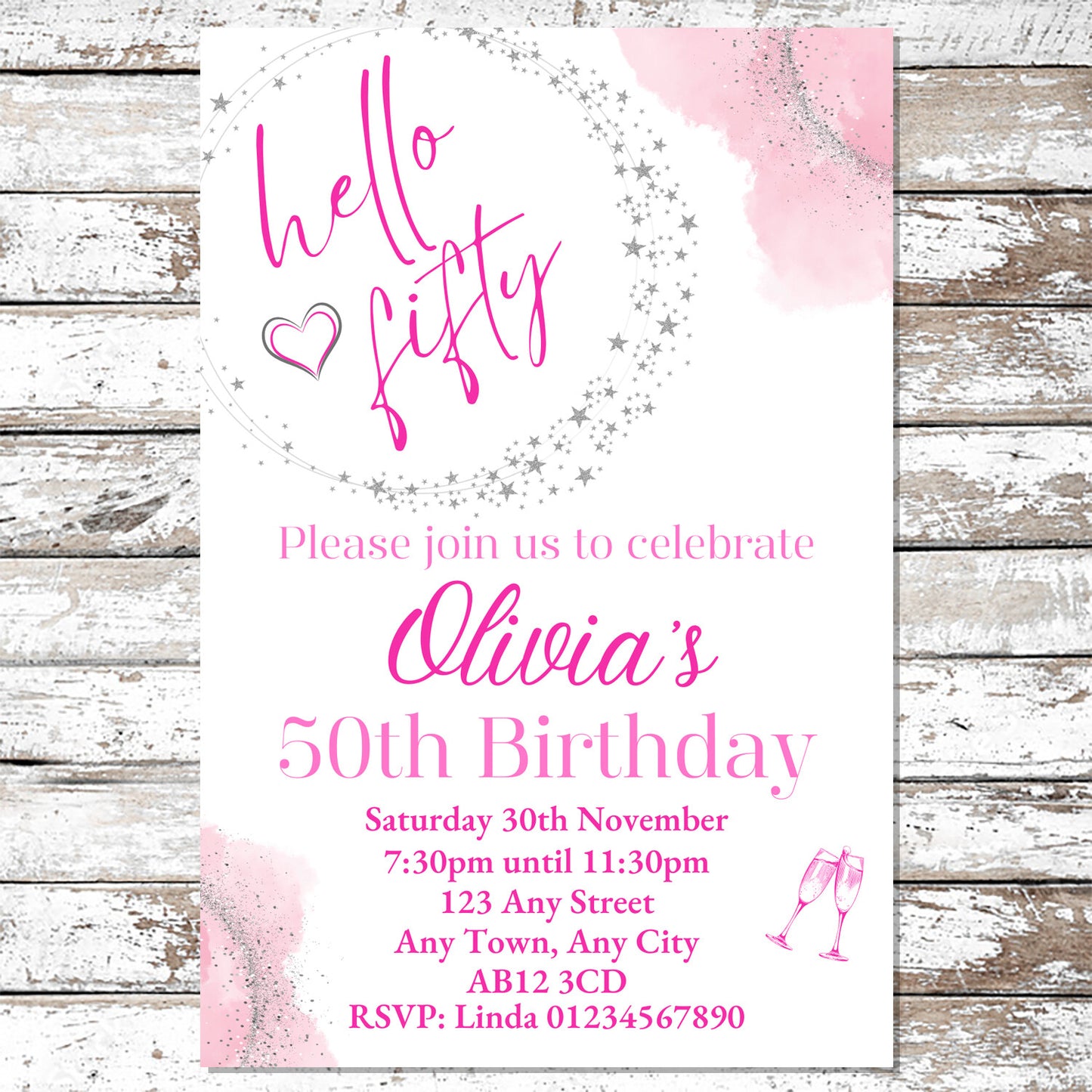 10 Personalised Pink Any Age Party Invitations With Envelopes