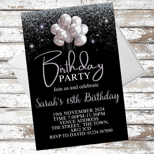 10 Personalised Silver & Black Party Any Age Invitations With Envelopes