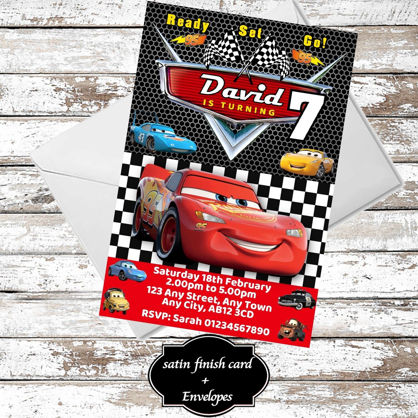10 Personalised Lightning McQueen Party Invitations With Envelopes