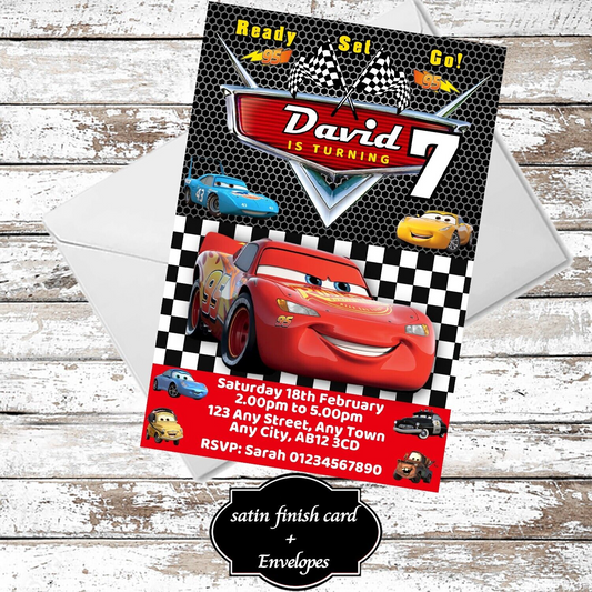 10 Personalised Lightning McQueen Party Invitations With Envelopes