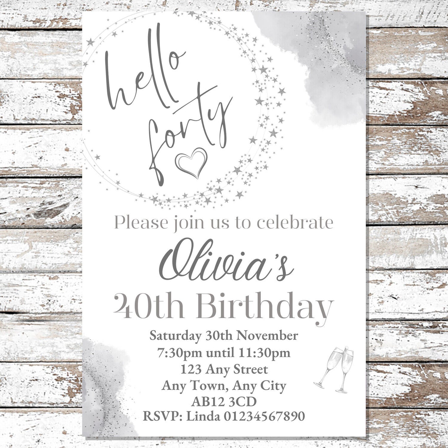 10 Personalised Silver Any Age Party Invitations With Envelopes