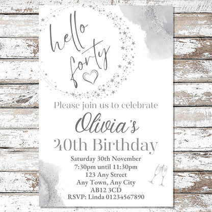10 Personalised Silver Any Age Party Invitations With Envelopes