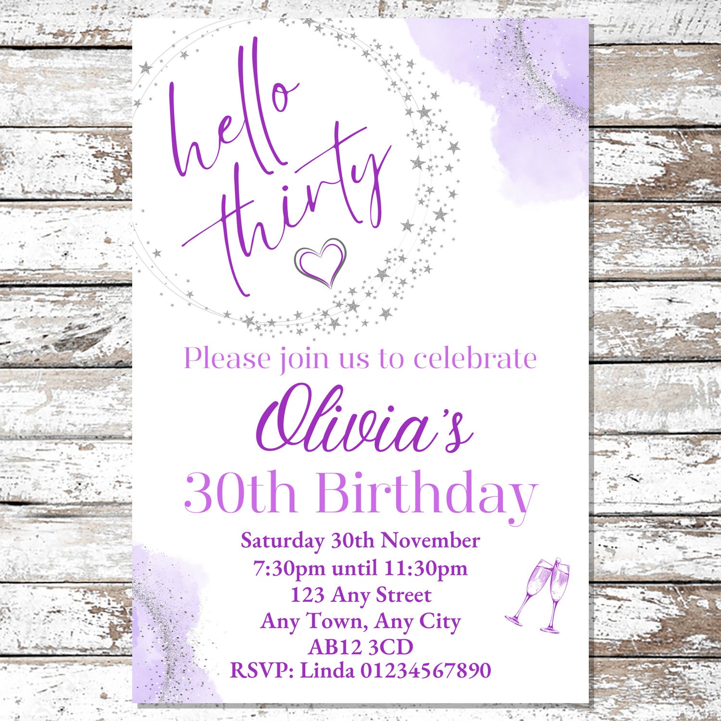10 Personalised Purple Any Age Party Invitations With Envelopes