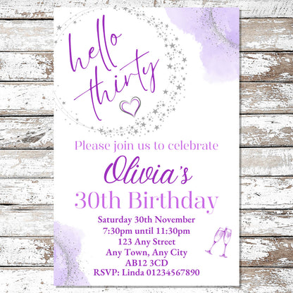 10 Personalised Purple Any Age Party Invitations With Envelopes