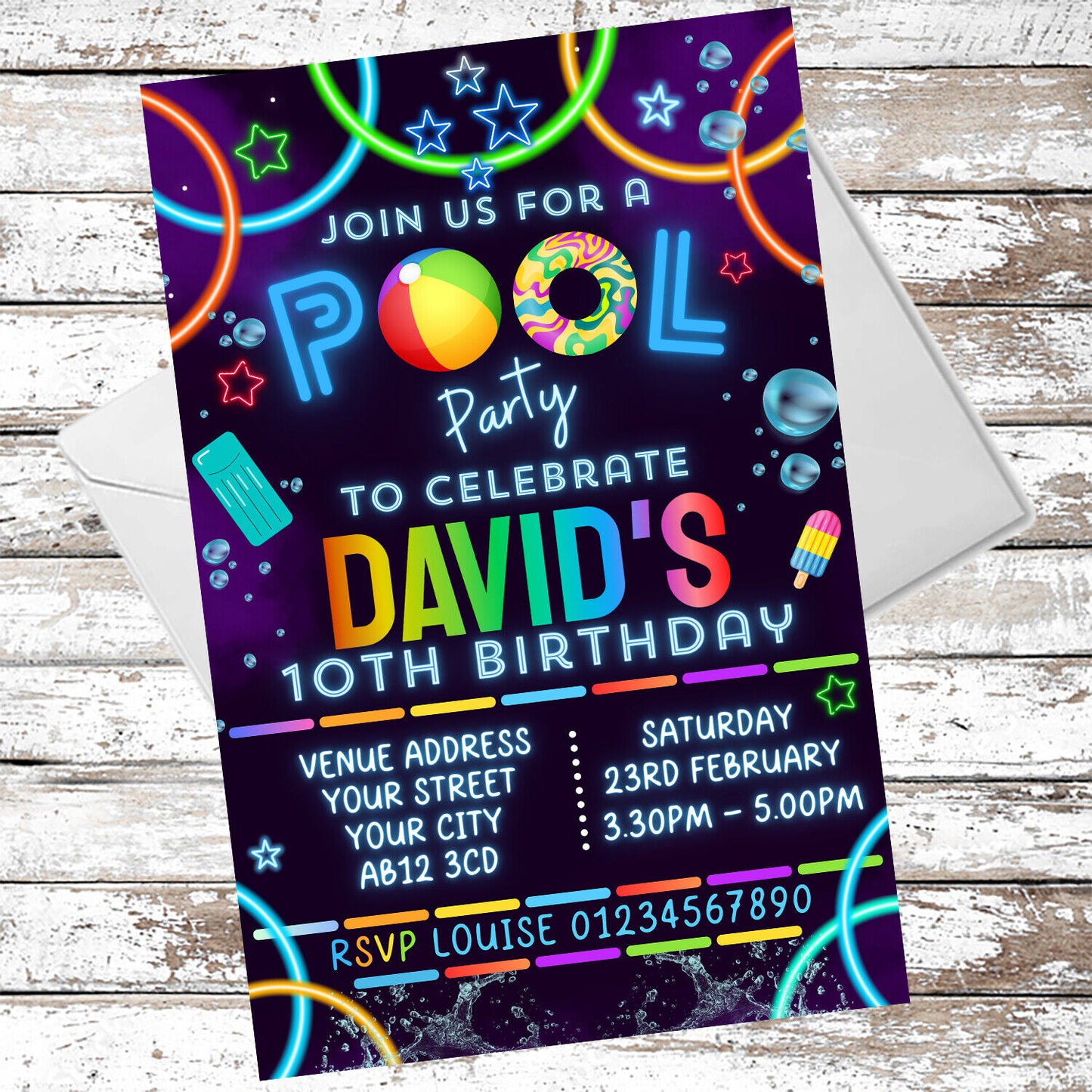 10 Personalised Neon Pool Party Invitations With Envelopes