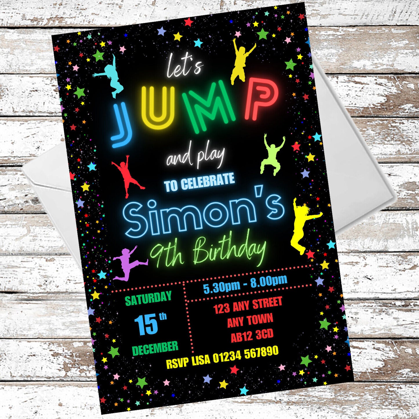 10 Personalised Neon Boys Jump Party Invitations With Envelopes