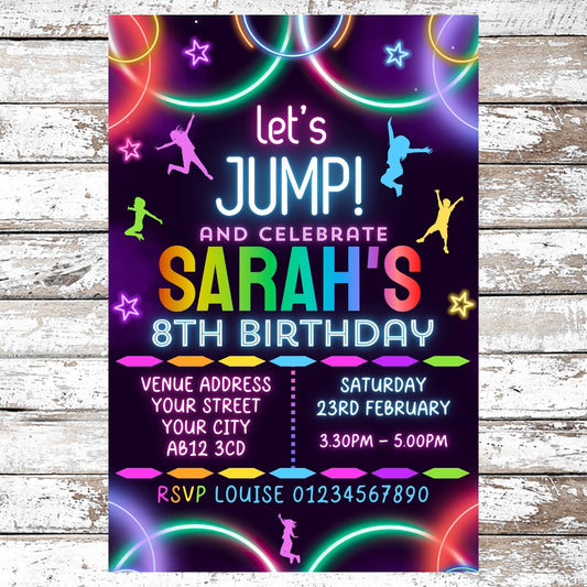 10 Personalised Neon Jump Trampoline Party Invitations With Envelopes